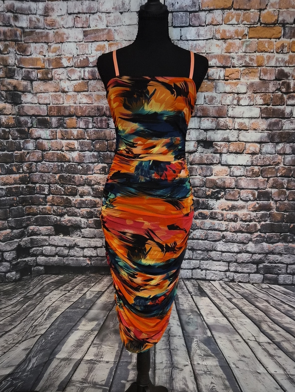Fashion Nova Orange & Blue Brushstroke Midi Dress